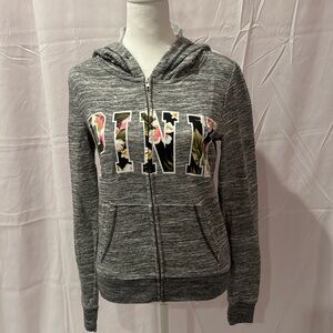 Extra small grey zip up sweatshirt with pink in floral letters with black